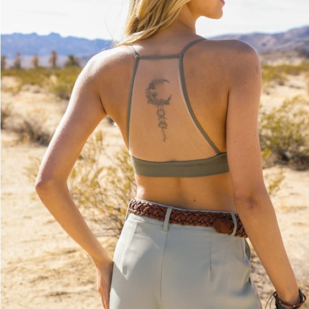 Boho Olive Crescent Moon Mesh Tattoo Racerback Bralette XS/S M/L